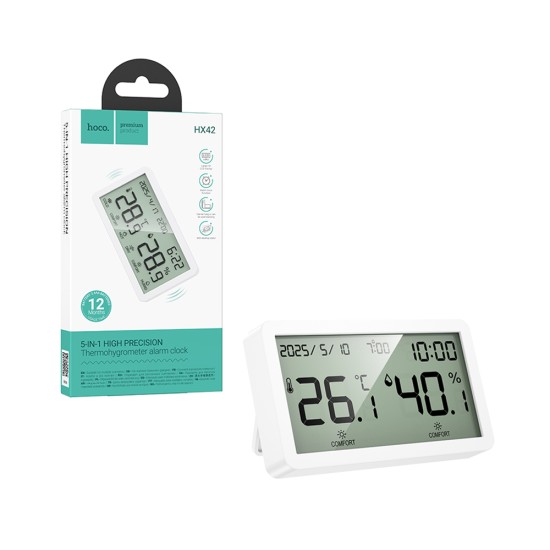 Relógio Despertador Eletrónico 5 em 1 Hoco HX42 para Interiores com Termómetro e Higrómetro Branco